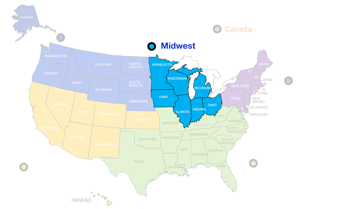 Map of Altro Americas Transport Division's Midwest territory