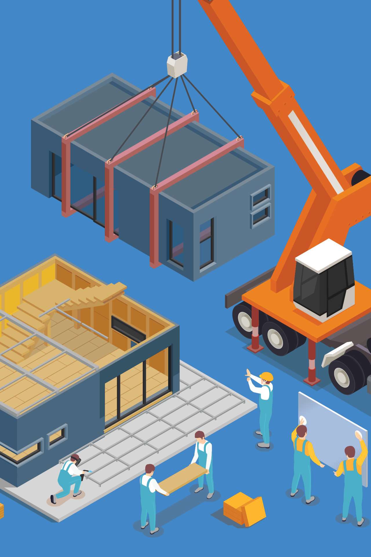 Animated modular building construction site