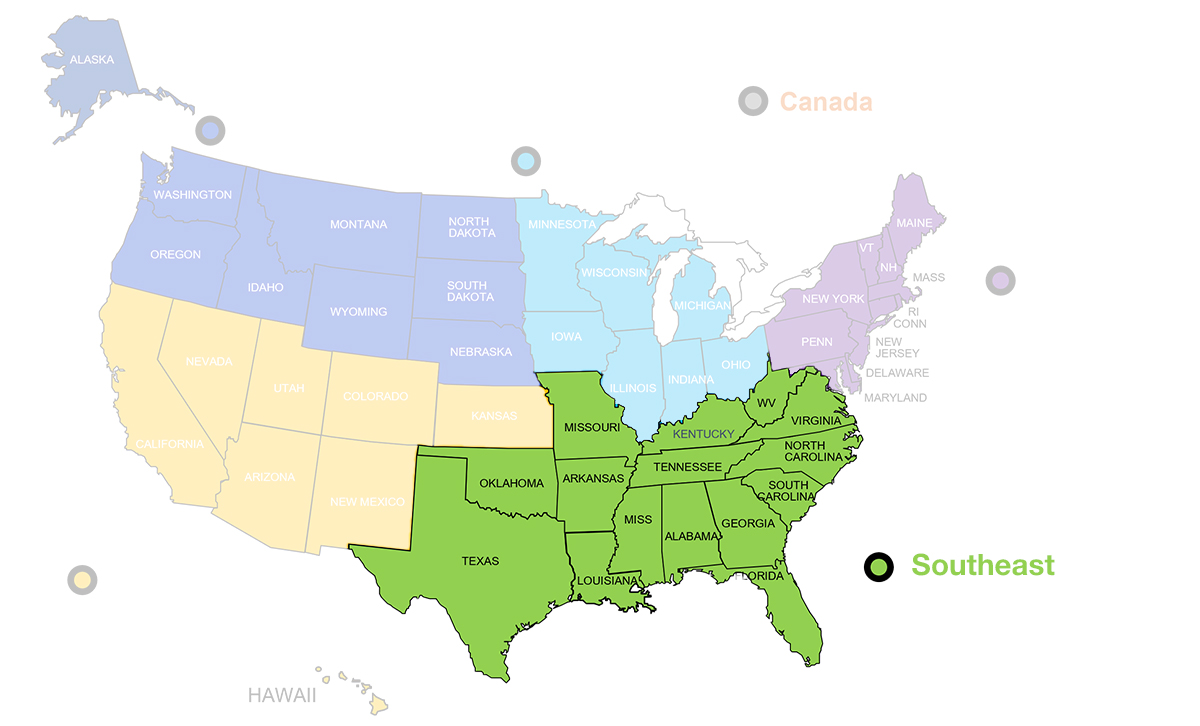 Map of Altro Americas Transport Division's Southeast territory